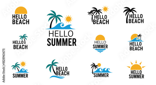 A collection of twelve 'Hello Summer' and 'Hello Beach' logo designs featuring palm trees the sun and ocean waves.