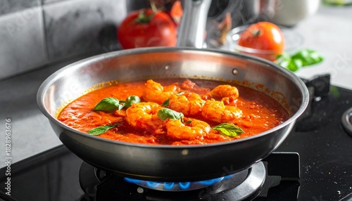Shrimp Scampi simmering in tomato sauce on a stove top creating a culinary experience in a home kitchen setting.