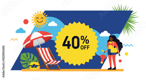 A summer sale banner with a 40 percent off promotion featuring a woman on a tropical beach with a sun and umbrella.