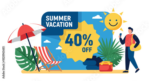 A summer vacation promotion banner with a 40 percent off deal featuring a man enjoying a day at the tropical beach.