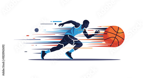 A dynamic illustration of a basketball player dribbling the ball at high speed with colorful abstract motion trails.