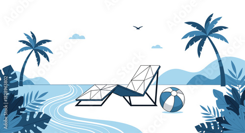 Modern minimalist beach landscape in a blue monochromatic color scheme with a geometric lounge chair and tropical palm trees.