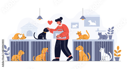 Female volunteer caring for homeless dogs and cats in an animal shelter showing compassion adoption and pet rescue in an illustration.