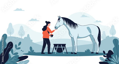 Young woman gently feeding a beautiful white horse in a serene nature landscape creating a scene of care and animal friendship.