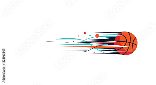 A dynamic flat vector illustration of a basketball flying at high speed with colorful blue and orange abstract motion trails.