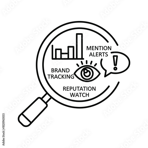 Magnifying glass over brand tracking and reputation watch icon