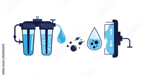Water purification process infographic showing filtration system cleaning dirty droplets and membrane technology for clean drinking water.