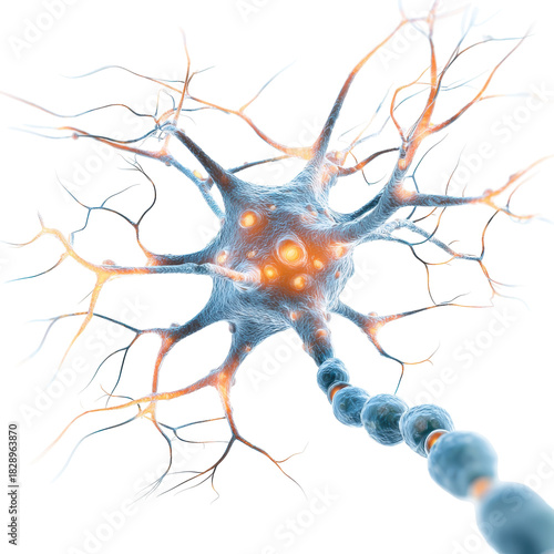 Neuron structure showing synapse connections in a digital illustration featuring bright colors against a white background