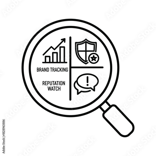Magnifying glass over brand tracking and reputation watch icons