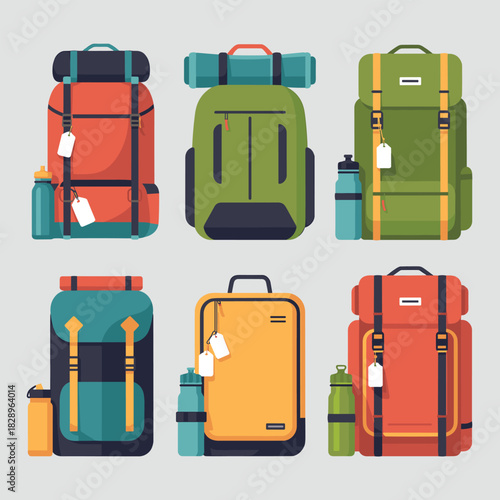 Travel and Hiking Backpacks with Water Bottles and Luggage Adventure Gear Illustration