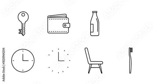 Minimalistic Black and White Icon Set of Everyday Objects Key, Wallet, Milk, Clock, Chair, Toothbrush