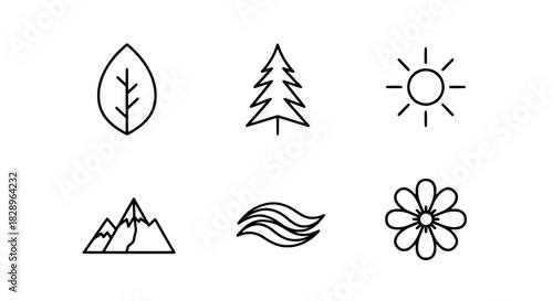 Collection of line art nature icons representing outdoor elements, ecology, and natural beauty for modern design