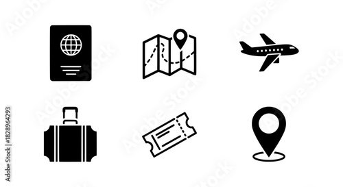 Travel icons Passport, Map, Airplane, Suitcase, Ticket, and Location Pin