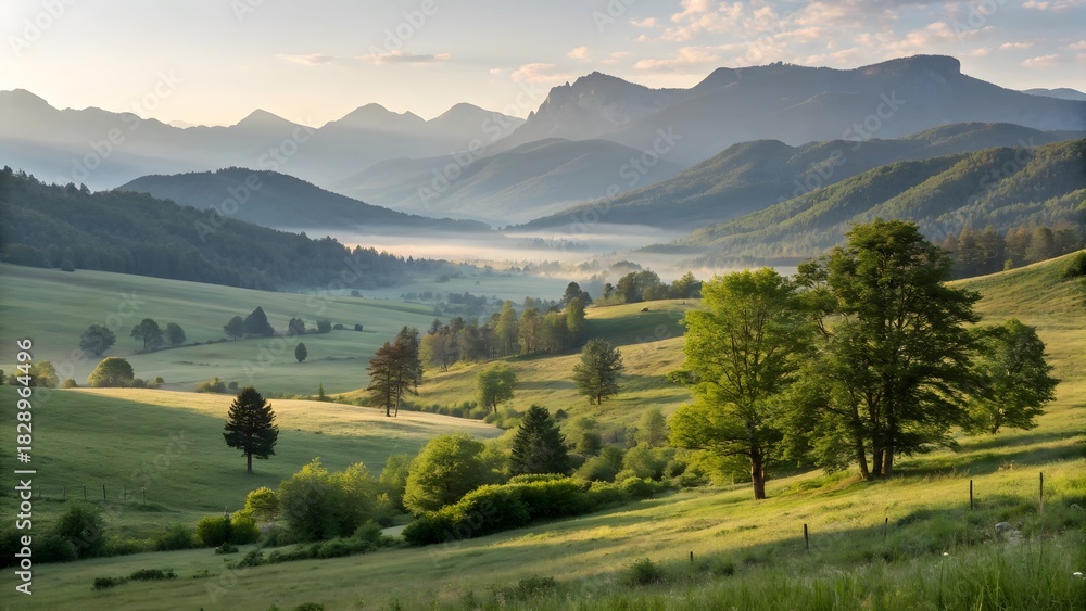 Obraz premium A scenic view of green hills and mountains with morning mist in the valley and trees in the field