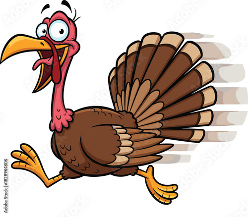 Running cartoon turkey with surprised expression, vector illustration for Thanksgiving humor, seasonal design, and editorial holiday character content