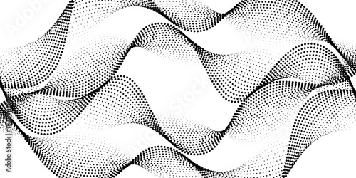Dotted wave line pattern. Black halftone undulate net background. Abstract stipple particle flow wallpaper. Curved dashed gradient element for poser, banner, presentation, booklet, flyer. Vector