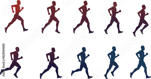 Running icon set, gradient male silhouettes in stride sequence from red to blue, athletic motion, sport, fitness, vector design, dynamic grid