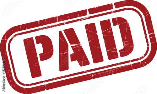 A vibrant red stamp with a textured grunge effect displays the word PAID diagonally on a bright backdrop