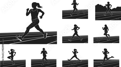 Running icon set, female silhouette sequence on track showing stride phases, biomechanics, athletic motion, sport, fitness, vector design, black grid