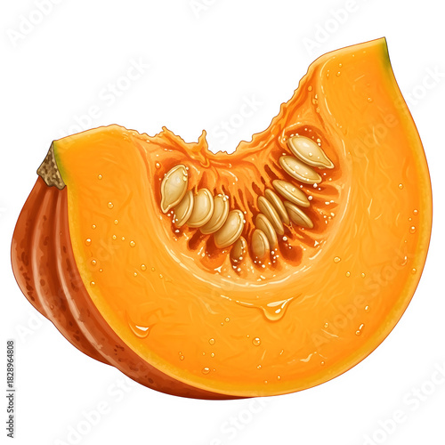 Vibrant orange pumpkin slice with seeds on a dark background