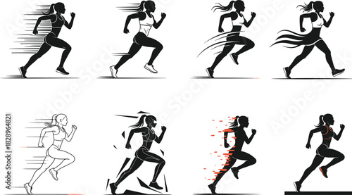 Running woman icon set, stylized motion silhouettes with abstract effects, speed, fitness, energy, dynamic pose, vector design, black grid