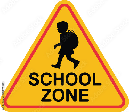 A vibrant yellow triangular school zone sign featuring a red border, child silhouette, and important safety text