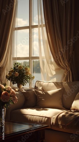 Elegant living room interior with sunlight curtains and sofa