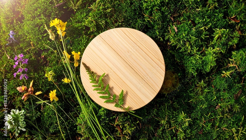 Fototapeta premium Natural Product Display Podium on Moss with Flowers and Fern Minimalist Presentation Organic and Eco-Friendly Concept.