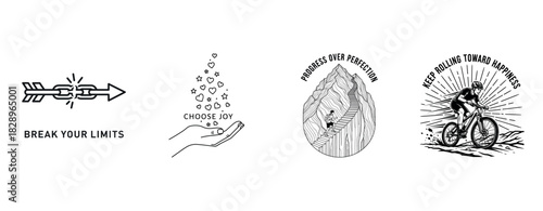 Inspirational designs featuring motivation, joy, progress, and cycling themes