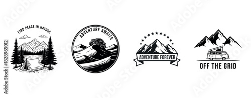 Adventure badges with mountains, camper vans, and inspiring slogans
