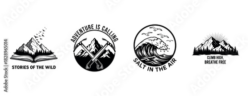 Adventure logos with mountains, waves, and motivational phrases