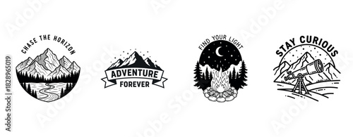 Adventure badges: mountains, campfire, telescope - explore nature