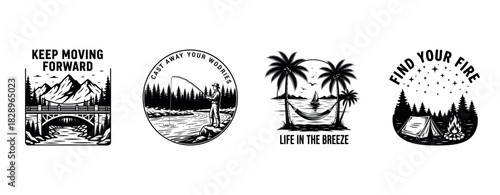Adventure-themed badges: camping, fishing, and nature landscapes in monochrome