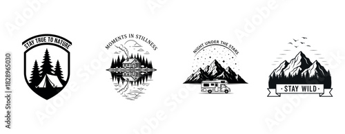 Outdoor adventure logos with nature scenes and inspirational quotes
