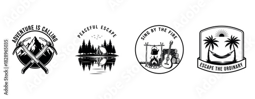 Set of four outdoor themed icons featuring adventure, camping, music, and relaxation