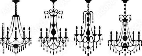 A visual representation of four graceful black silhouette chandeliers adorned with many dangling beads