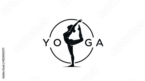 Elegant black silhouette of a woman performing a yoga pose inside a circular frame with the word YOGA.