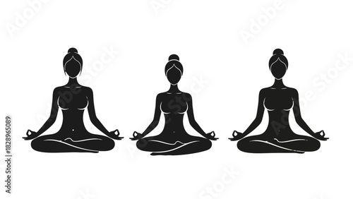 Three black silhouettes of women in lotus position, meditating, with hands in mudra.