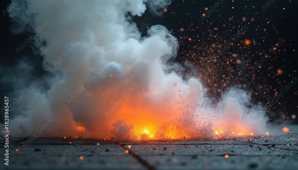 Obraz premium Illustration of explosion with fire smoke and sparks. Inferno concept shows destruction and danger on a dark background. Disaster concept illustration with hot flames.