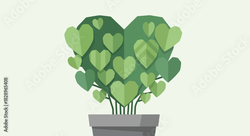 Green heart-shaped leaves growing from a potted plant, symbolizing growth and nature's love