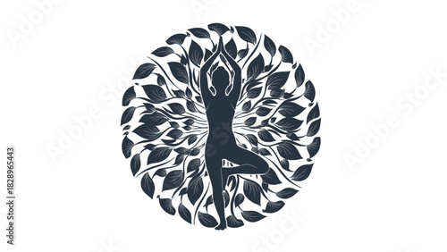 Silhouette of a person in a yoga tree pose surrounded by a circular pattern of dark leaves, symbolizing balance and nature.