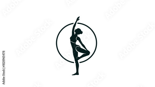 Silhouette of a woman in a graceful yoga pose inside a circular frame.