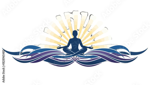 Silhouette of a person meditating in lotus position with waves and sun rays behind them, creating a serene and spiritual image.
