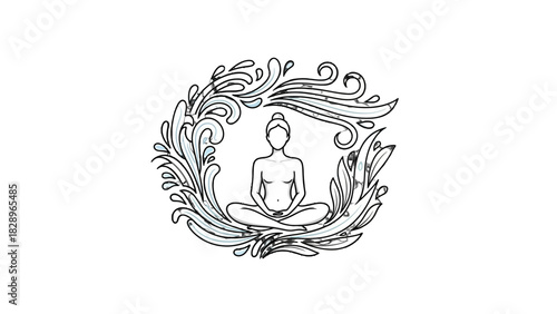 A black and white line drawing of a person meditating in a lotus pose, encircled by an ornate, swirling floral wreath.