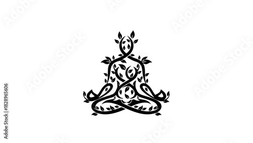 A black and white artistic silhouette of a figure in a yoga lotus pose, intricately formed from leaves and vines.