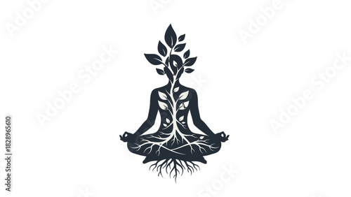 A silhouette of a person in a meditative pose, with roots growing from their base and leaves sprouting from their head, symbolizing growth and connection to nature.