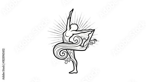 Stylized black and white illustration of a person performing a yoga pose with flowing organic elements and a sunburst.