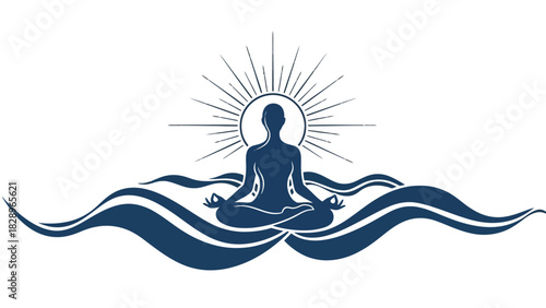 Silhouette of a person meditating above waves with a sunburst behind them.