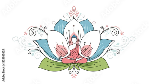 Elegant line art illustration of a meditating figure sitting inside a beautiful, blooming lotus flower.