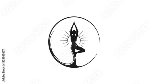 A silhouette of a person in a yoga tree pose within a circular design, symbolizing balance and inner peace.